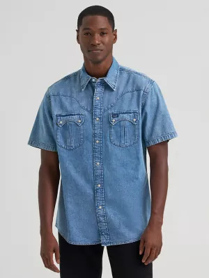 Vintage-Inspired Sculpted Yoke Denim Snap Shirt in Light Wash Denim