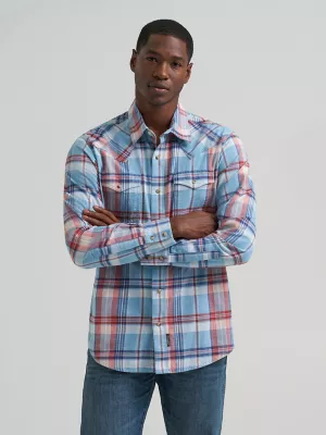 Men's Wrangler Retro® Premium Long Sleeve Western Snap Plaid Shirt in Blue Sunrise