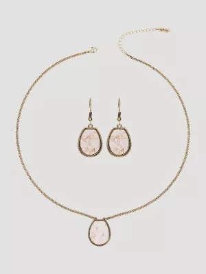 Stone Pendant Necklace with Earring Set:Beige:One Size