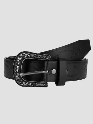 Men's Boot Stitch Etched Buckle Belt in Black