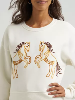 Women's Wrangler Soutache Horse Crew Sweatshirt in White