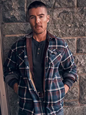 Men's Heavyweight Sherpa Lined Plaid Shirt Jacket in Dark Sapphire