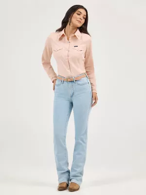 Women's Embroidered Collar Slim Western Snap Shirt in Pink