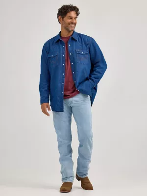 Men's Wrangler® Long Sleeve Flannel Lined Solid Work Shirt in Blue Denim