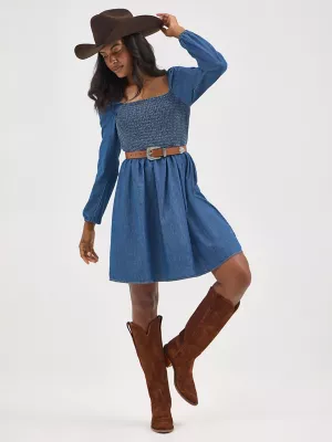 Womens Smocked Bodice ALine Dress:Dark Denim:XXL