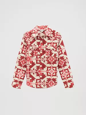 Girl's Long Sleeve Geo Print Western Snap Shirt in Pink