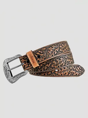 Men's Acorn and Leaf Embossed Belt in Brown