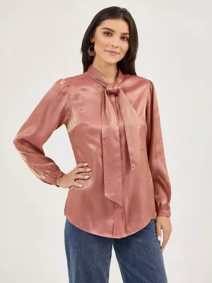 Women's Shimmer Tie Neck Blouse in Rose Gold
