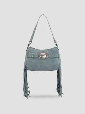 Buckle and Fringe Satchel Bag:Blue:One Size