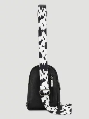 Cow Print Canvas Sling Bag:Black/White:One Size: