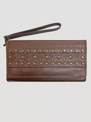 Floral Embossed Stud Trim Wristlet:Brown:One Size
