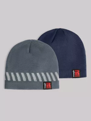 Mens Fleece Lined Beanies 2 Pack:Navy/ Grey:One Size