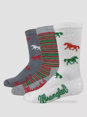 Girls Festive Horses Crew Socks 3 Pack:Multi:One Size