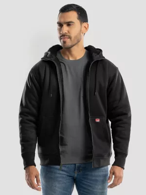 Men's Hooded Workwear Sherpa Lined Zip Sweatshirt in Black Caviar