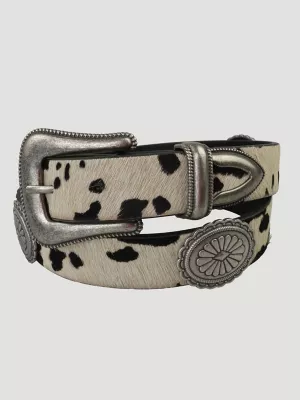 Women's Cow Print Concho Belt in White/Black
