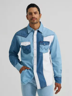 Vintage-Inspired Western Snap Workshirt in Colorblock Denim