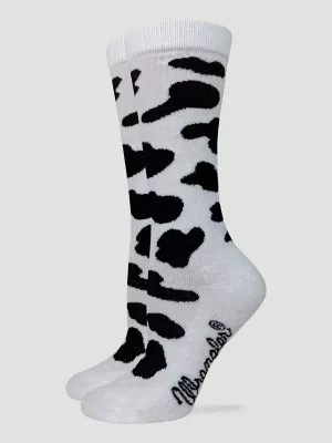 Womens Cow Print Crew Sock:White/Black:One Size