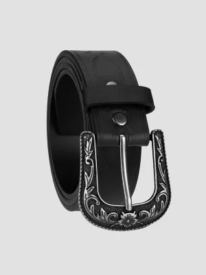 Men's Boot Stitch Etched Buckle Belt in Black