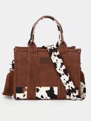 Cow Print Cross Body Small Tote:Brown:One Size:
