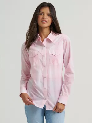 Women's Essential Long Sleeve Plaid Western Snap Top in Baby Pink