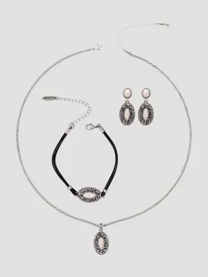 Stone Pendant Necklace Earring Bracelet Set:Beige:One Size