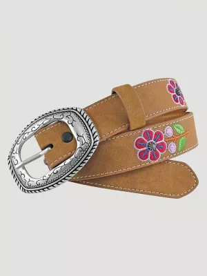 Girl's Floral Embroidery Leather Belt in Tan