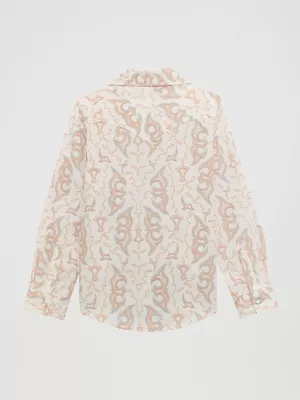 Girl's Bold Print Western Snap Shirt in White
