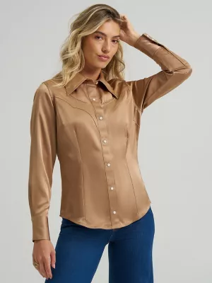 Wrangler x Lainey Wilson Glam Satin Western Snap Shirt in Gold