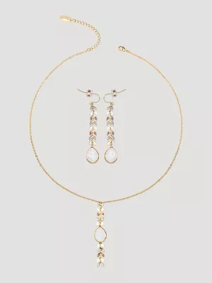 Teardrop Pendant Beaded Necklace Earring Set:White:One Size