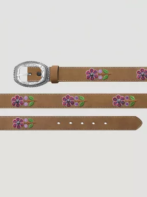 Girl's Floral Embroidery Leather Belt in Tan