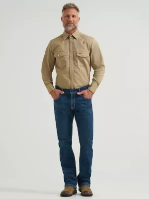 Wrangler® FR Flame Resistant Long Sleeve Western Snap Solid Twill Work Shirt in Khaki