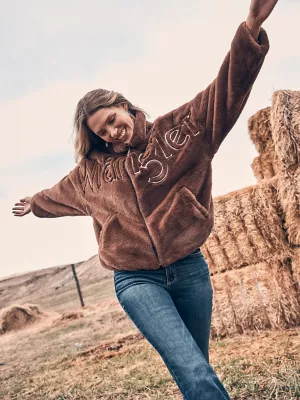 Women's Wrangler Logo Fuzzy Zip Jacket in Teddy Brown