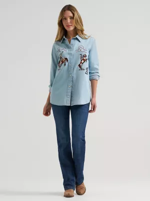 Womens Embroidered Boyfriend Western Snap Denim Shirt in Denim Blue