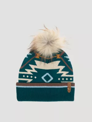 Womens Southwestern Pom Pom Beanie:Teal:One Size:
