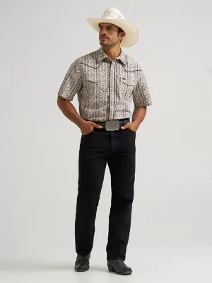 Vintage-Inspired Piped Printed Western Snap Shirt in Ecru