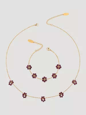 Flower Chain Necklace with Bracelet Set:Burgundy:One Size