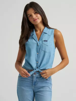 Women's Wrangler Denim Sleeveless Tie Front Shirt in Light Denim