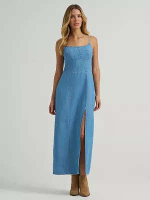 Women's Wrangler Denim Slit Front Maxi Dress in Mid Denim