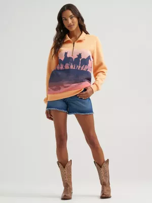 Women's Western Quarter Zip Sweatshirt in Orange Horses