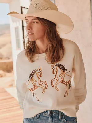 Women's Wrangler Soutache Horse Crew Sweatshirt in White