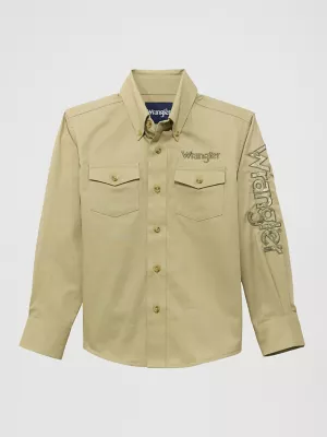 Boy's Wrangler® Logo Long Sleeve Western Snap Shirt in Khaki