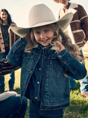 Girl's Sherpa Lined Denim Trucker Jacket in Blue Denim