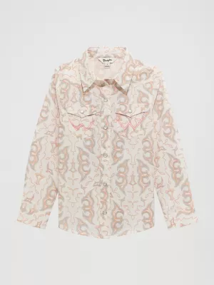 Girl's Bold Print Western Snap Shirt in White