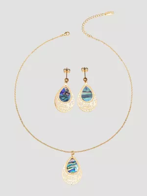 Teardrop Pendant with Stone Necklace/Earring Set:Green:One Size