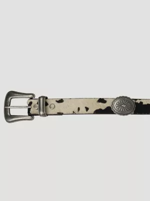Women's Cow Print Concho Belt in White/Black