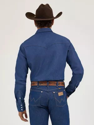 Cowboy Cut Long Sleeve Western Denim Snap Work Shirt in Blue