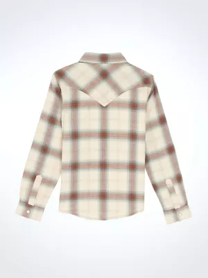 Girl's Flannel Plaid Western Snap Shirt in Cream