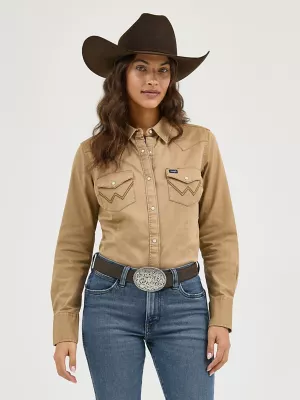 Women's Long Sleeve Western Snap with Front and Back Yokes Solid Top in Rawhide