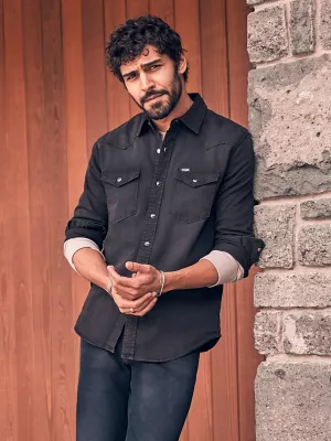 Men's Denim Western Snap Front Shirt in Black Denim