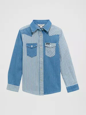 Girl's Patchwork Western Snap Shirt in Denim Stripes